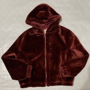 Outer Edge Burgundy Fluffy Faux Fur Coat